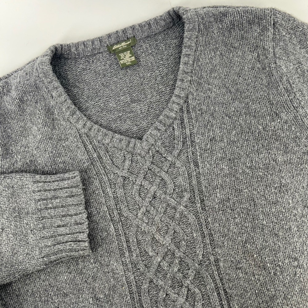 Vintage Eddie Bauer Mens XXL Gray V-Neck Cable Knit Wool Angora Blend‎ Sweater